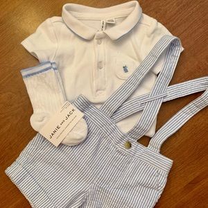 Janie and Jack Baby Boy 3-6 Month Polo Onesie Seer Sucker Suspender and Sock set